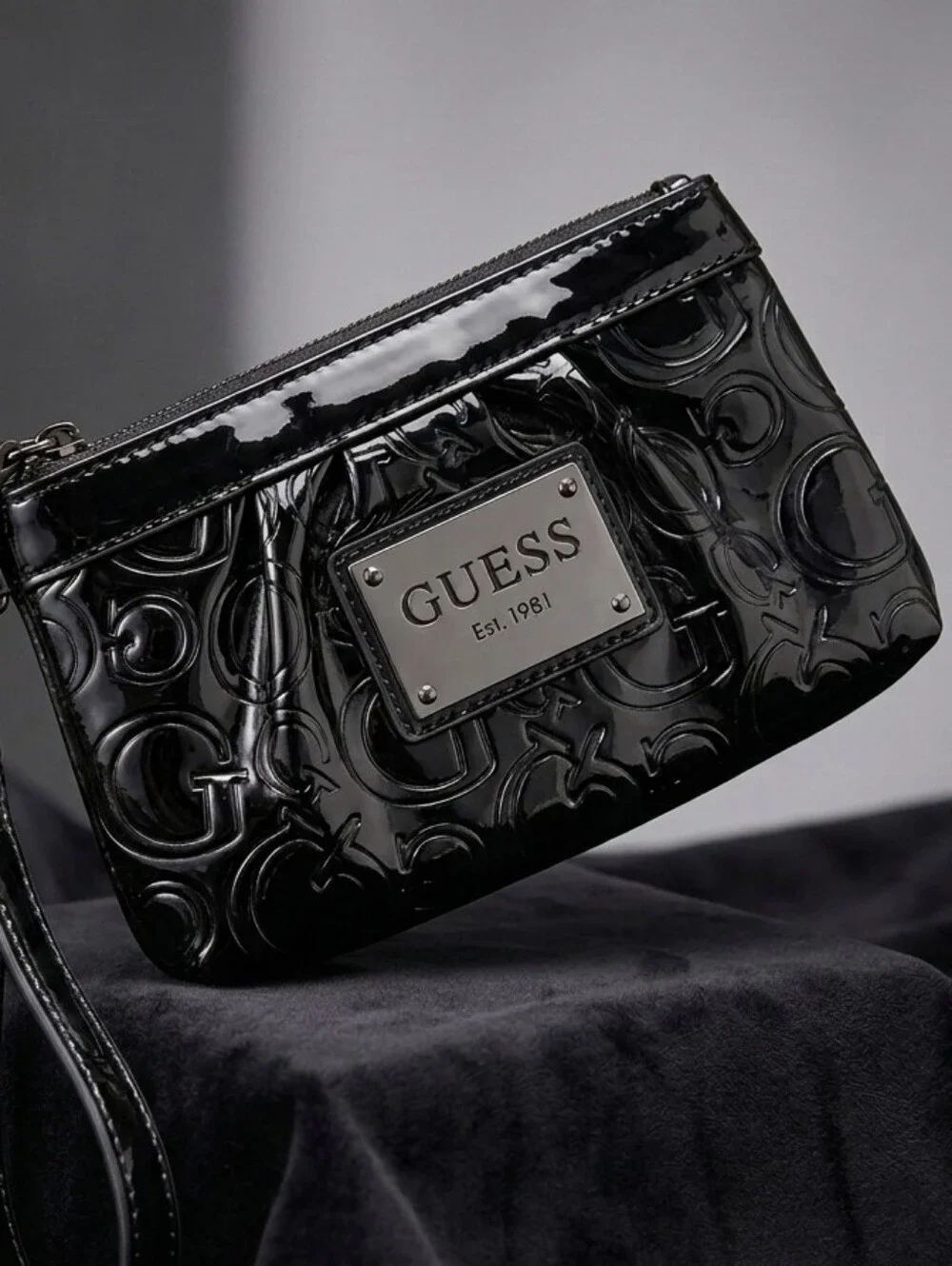 GUESS Black Patent Leather Logo Embossed Wristlet Clutch Mini Bag Est. 1981